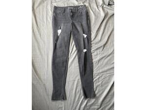 Maurices M Long Mid Rise Distressed Skinny Raw Hem Dark Gray Stretch Denim Jeans